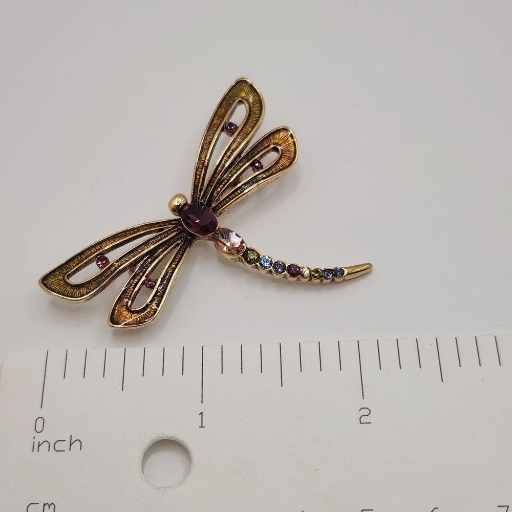 Monet Vintage Crystal Enamel Dragonfly Brooch Pin Signed Cottagecore Collectible